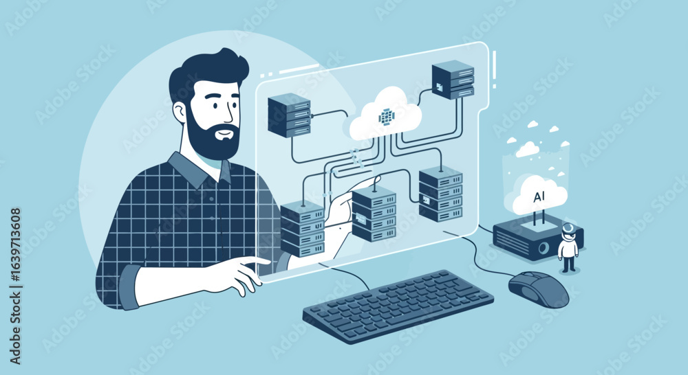 Aufkleber illustrated man interacting with cloud and server network interface system