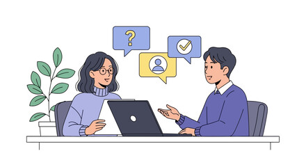 Illustrated vector of two people discussing online with laptop and speech bubble