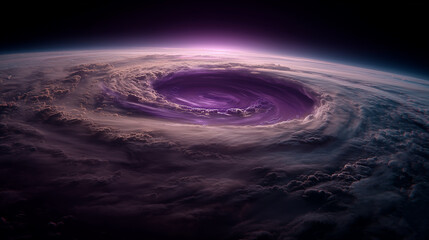 Dramatic hurricane formation viewed from space, showcasing swirling clouds over the ocean.