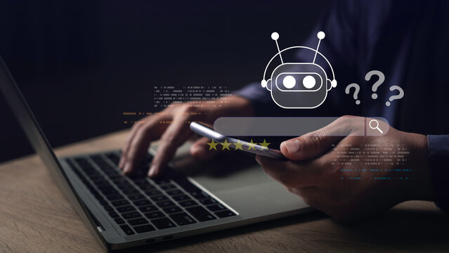 AI chatbot search concept showing a person using smartphone and laptop, with virtual assistant icons, question marks, and rating stars for smart query, customer support.