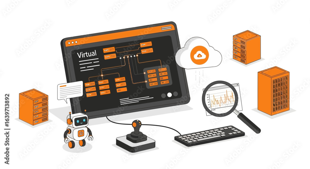 Poster illustration of virtualization platform with servers and cloud architecture