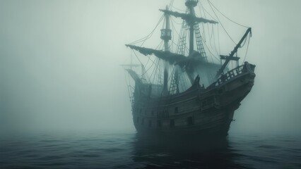 Foggy, antique ship