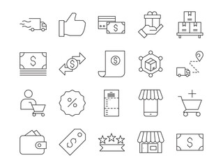 Shopping icon set. Containing store, purchase, store, online shopping, delivery, promotion, shopping cart and more