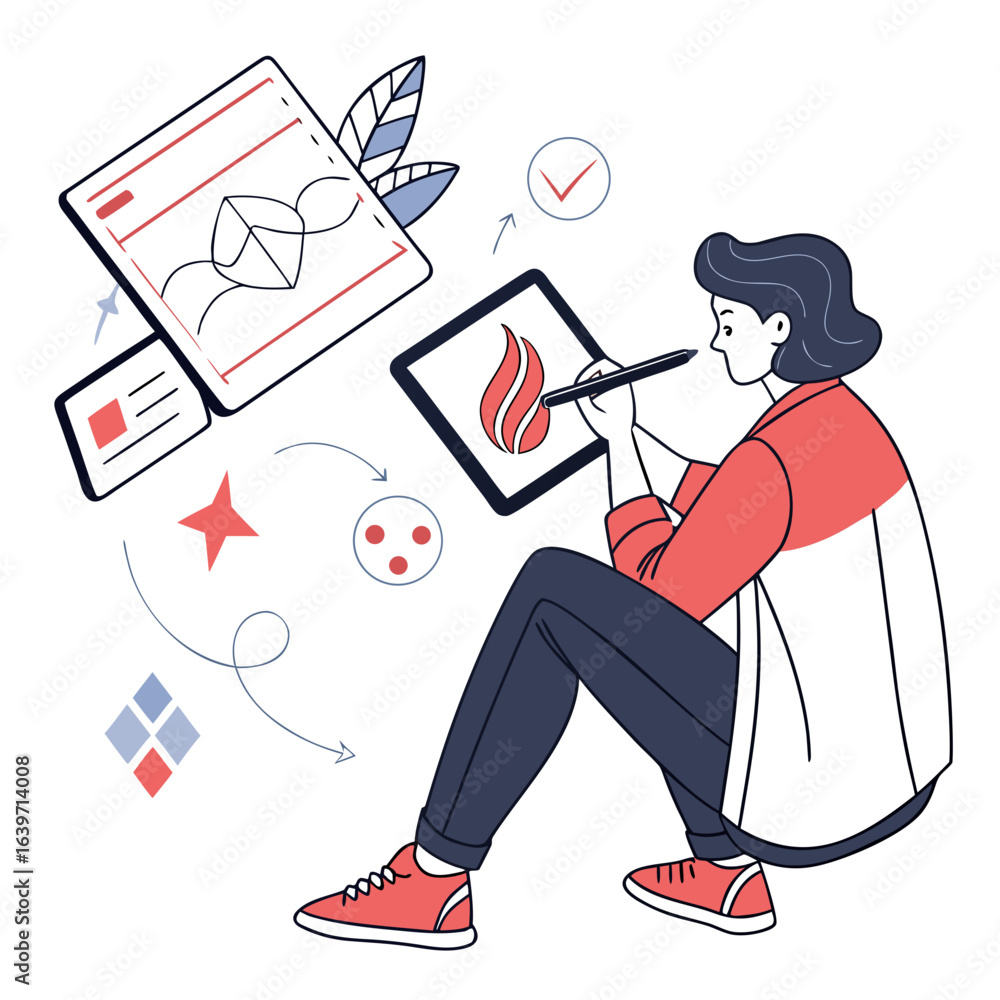 Poster creative designer working on a digital tablet sketching ideas and concepts with a stylus illustratin