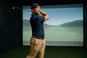 Golf learning follow-through with asian man holding driver finish in indoor simulator, muted greens and blues on screen, soft projector glow, front-left angle, balanced athletic stance.