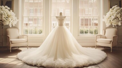 Fototapeta premium Elegant Wedding Dress on Mannequin in Luxurious Room with Large drees, bridal gown style