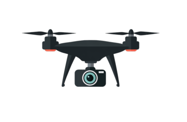 Flat illustration of a black drone with camera.  Drone, equipped with a camera, hovers in a simple, graphic design