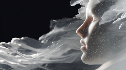 Close up profile of  human face composed of translucent material with visible binary code and flowing white fabric