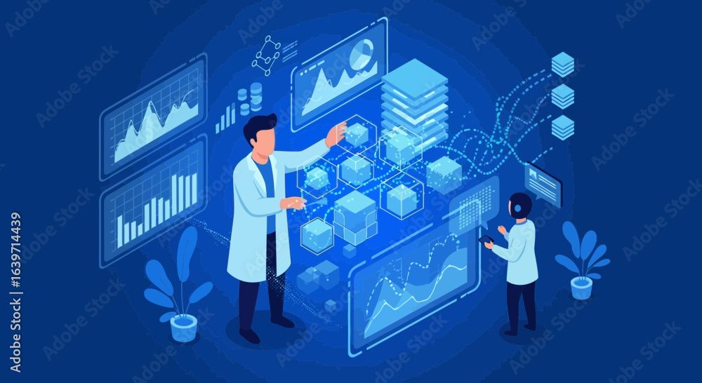 Poster isometric illustration of data scientists analyzing blockchain technology trends