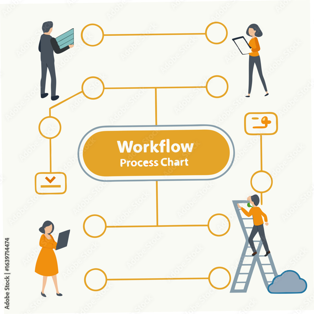 Poster business people collaborating on a workflow process chart diagram with connected steps and icons ill