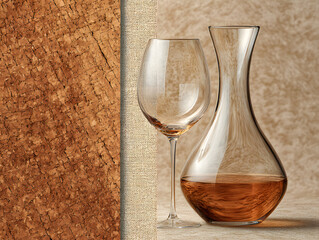 Wine Glass and Decanter on Cork Texture Background