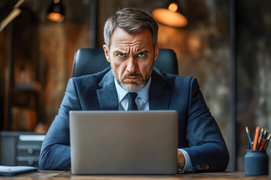 Business professional with intense expression works on laptop in sleek office, surrounded by contemporary decor in early evening