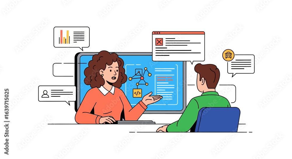 Aufkleber online consultation between a program developer and their client discussion