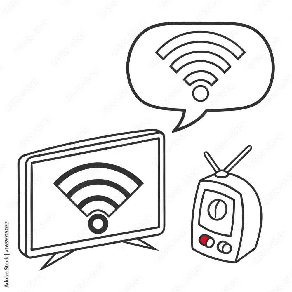 Aufkleber modern and vintage televisions displaying wi fi signals with a speech bubble indicating wireless com