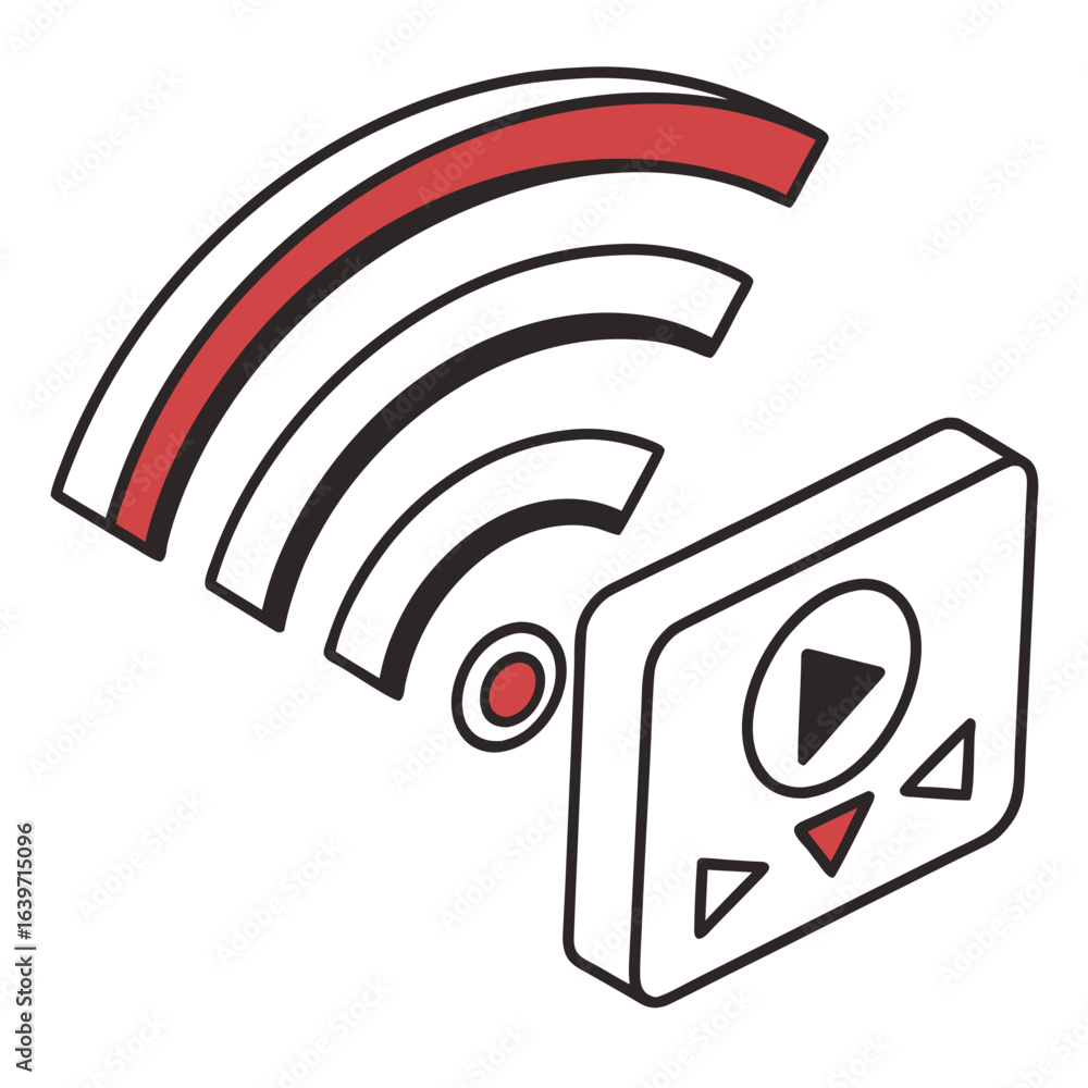 Poster modern isometric illustration of a wireless remote control device with play button and signal waves