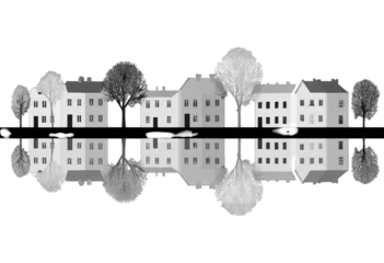 A grayscale, symmetrical village scene, with houses and trees mirrored in a still body of water