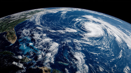 Dramatic hurricane formation viewed from space, showcasing swirling clouds over the ocean.