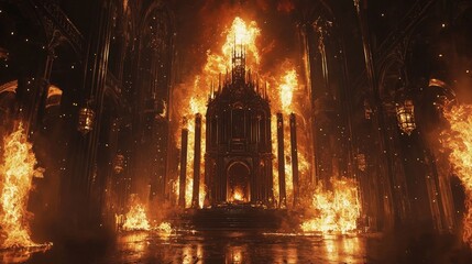 Burning gothic cathedral interior scene.