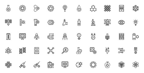 Nanotechnology icon set. Science vector illustration. Includes symbols for test tube, pills, molecule, nanobots, DNA, AI, solar panels, microscope, atom and more. Editable stroke.