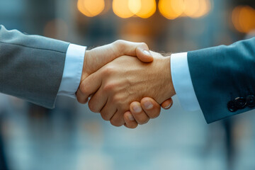 Two professionals engage in a handshake, signaling agreement or partnership in a contemporary city environment with warm lighting