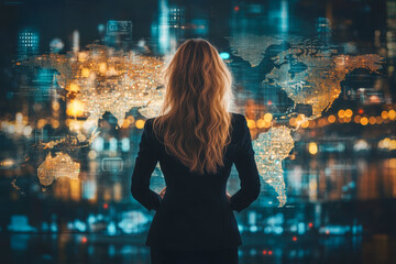A woman stands with her back to the viewer, examining a glowing world map overlaying a city skyline illuminated by bright lights