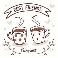 Two best friends enjoying hot beverages together symbolizing their everlasting bond and friendship with coffee cups