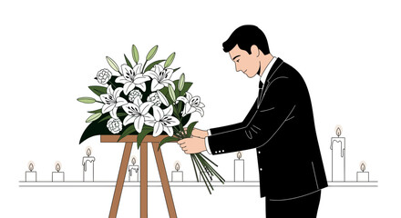 Solemn tribute with lilies and candlelight by a thoughtful individual