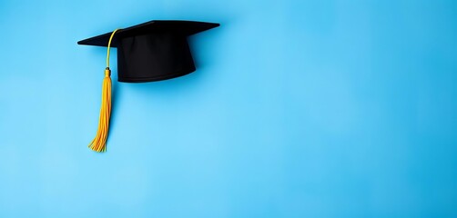Black graduation cap on a textured blue background,  graduation,  mortarboard