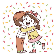 Two happy cartoon children hugging each other joyfully surrounded by colorful confetti celebrating a special moment together