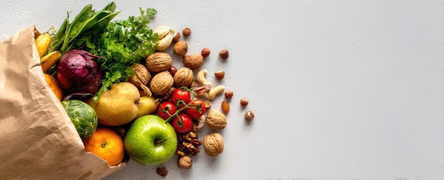 Brown paper bag overflowing with a colorful array of fresh produce and nuts