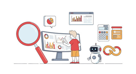 Analyzing data with AI: Man examining charts next to robot assistant