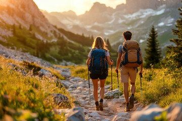 Two hikers with backpacks walk along a rocky path, enjoying the breathtaking mountain views as the sun sets behind the peaks