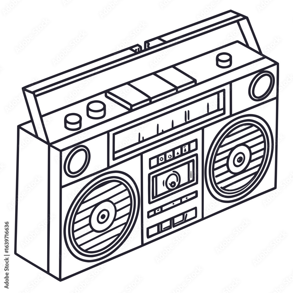 Poster retro boombox with cassette player and radio tuner depicted in a clean isometric line art style