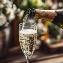 Champagne Pouring into Crystal Glass with Blurred Background