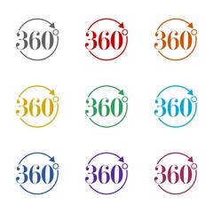 360 degree view icon isolated on white background. Set icons colorful