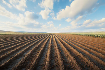Rows of freshly plowed earth stretch across the agricultural field with a lush crop growing nearby under a vibrant sky