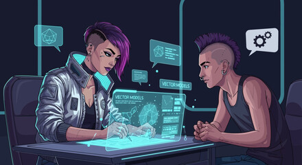Futuristic Design Collaboration: Two Individuals Working with Vector Models
