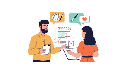 Creative collaboration: Designers brainstorming ideas with artistic tools concept