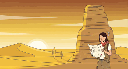 Lost in the Desert: An Illustration of a Traveler Consulting a Map