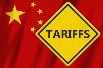 Tariffs yellow warning sign with a Chinese flag