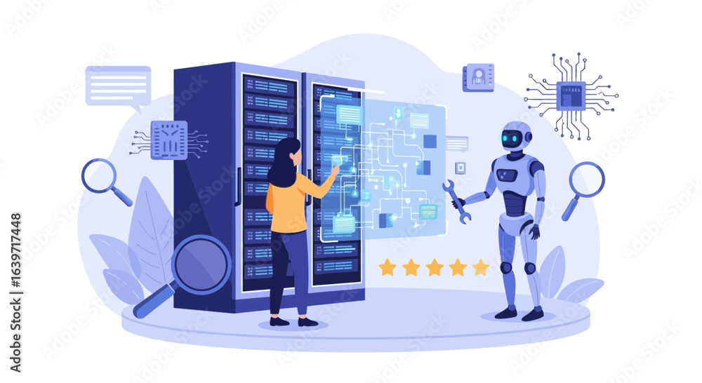 Poster woman and a robot analyzing servers with artificial intelligence interface
