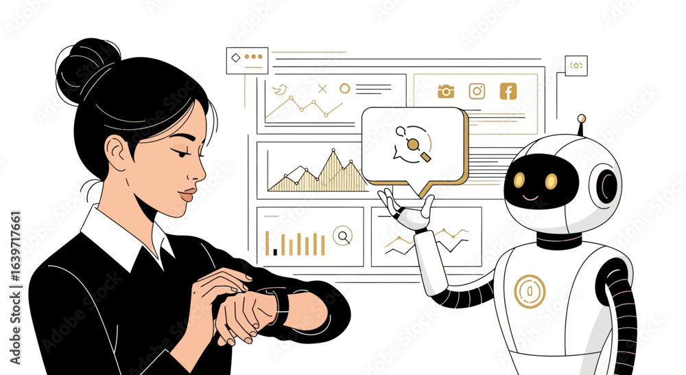 Poster woman using smartwatch interacts with robot analyzing data for business growth
