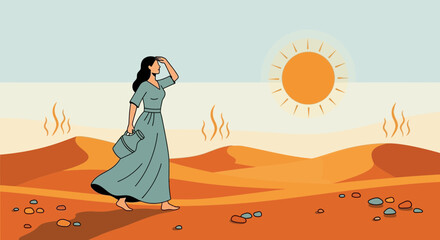 Woman's journey across the desert, holding water in a barren landscape