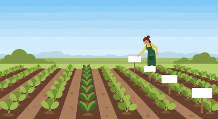 Woman tending to plants on a farm, organic agriculture with blank sign