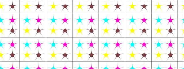 Bright CMYK starburst seamless pattern with vibrant and dynamic colors, perfect for modern design projects. Ideal for textiles, wallpapers, and digital backgrounds with a retro yet trendy style.