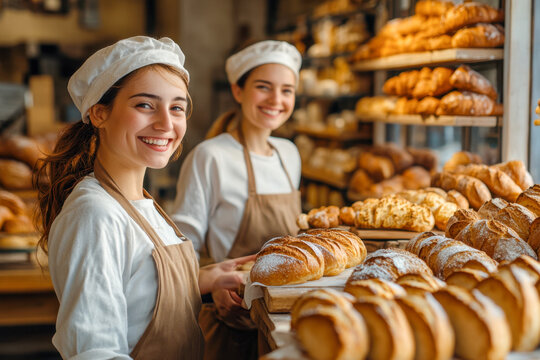 Two bakers smile as they showcase a variety of breads and pastries in a bustling bakery, creating a welcoming atmosphere for customers