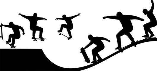 Obraz premium silhouettes of people skateboarding, various poses, black and white