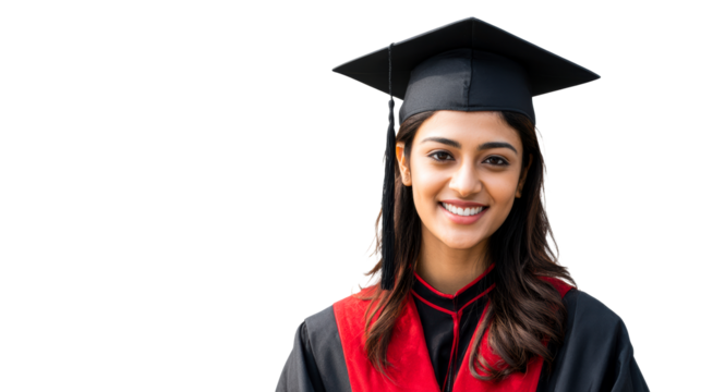 Joyful Indian woman wearing graduation cap and gown smiling