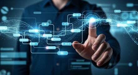 Digital Interface Activation: Man Interacting with Glowing Data Flow