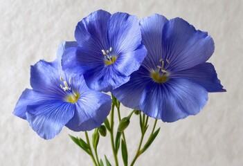 Close-up of three vibrant, light-blue flax flowers, delicate petals, and green stems against a soft, off-white backdrop